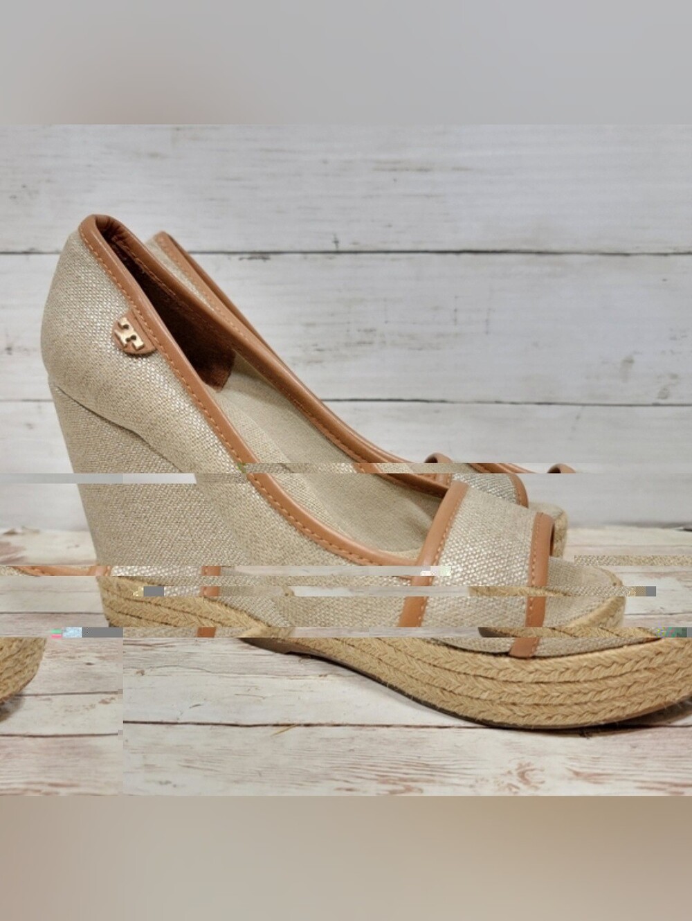 Tory Burch Natural Canvas Wedge with Tan Trim